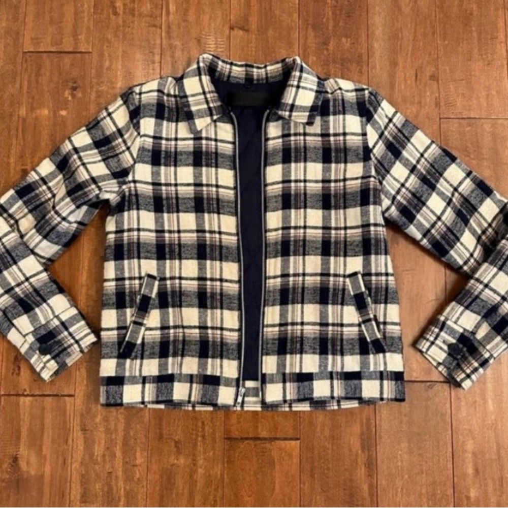Jenni Kayne Blue Plaid Puffer Quilted Soft Silk Lined Zip Up Bomber Jacket M